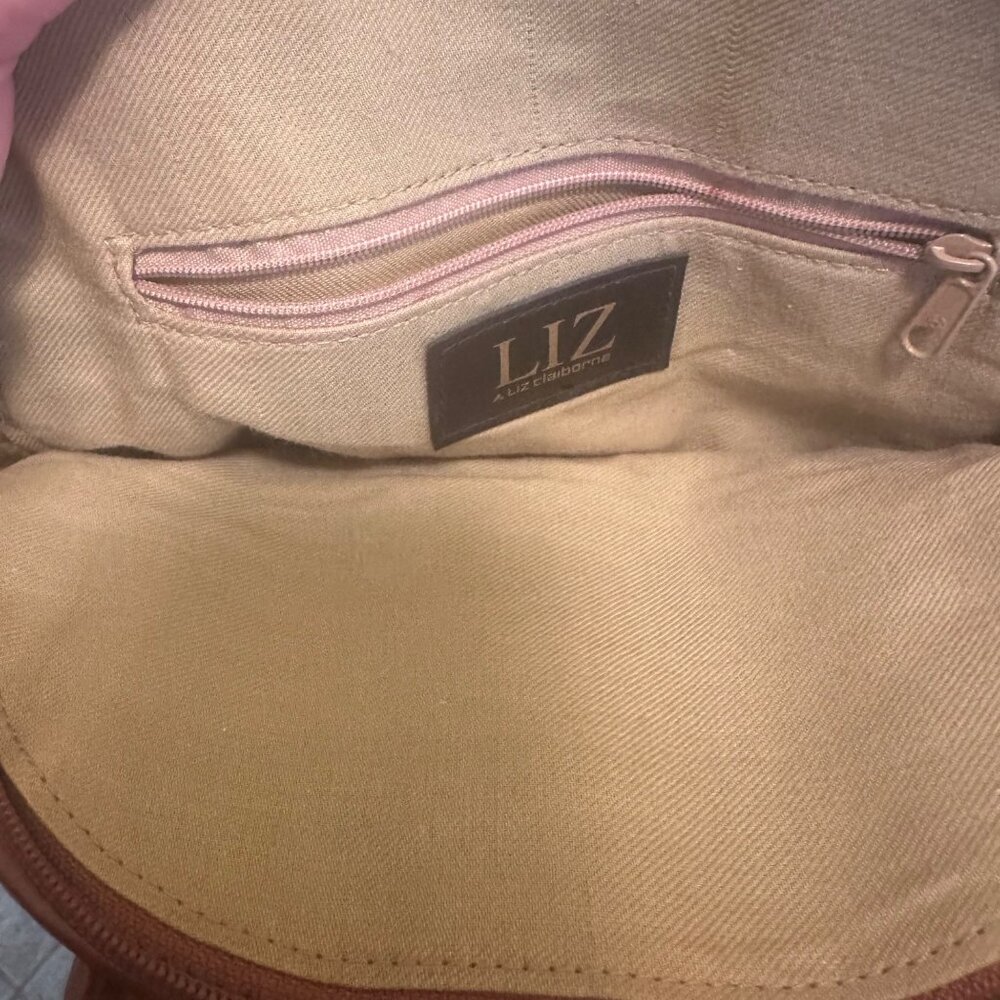 Liz Claiborne Vintage 90s Handbag Cream Brown Leather logo print rare - Picture 3 of 5